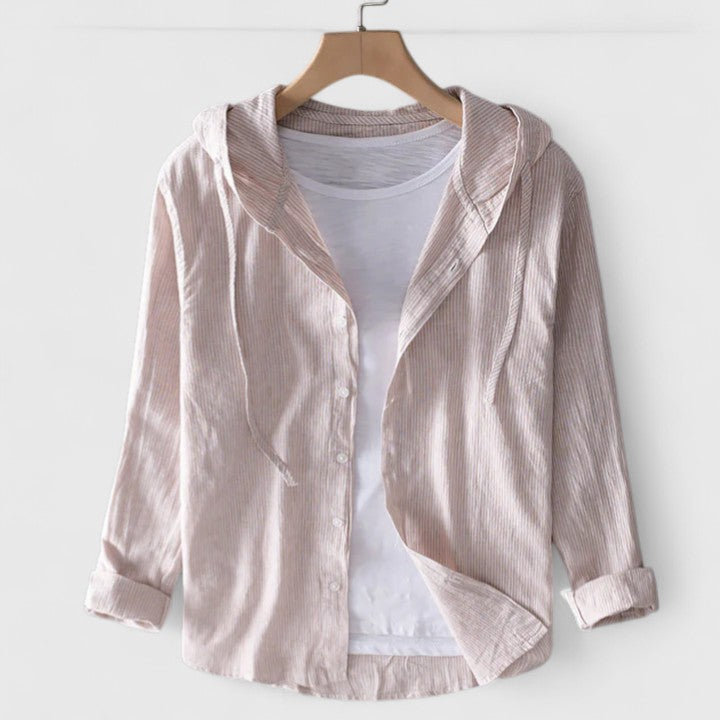 Relaxed fit chic hooded long-sleeve blouse for women. Stylish casual top for comfortable everyday wear.