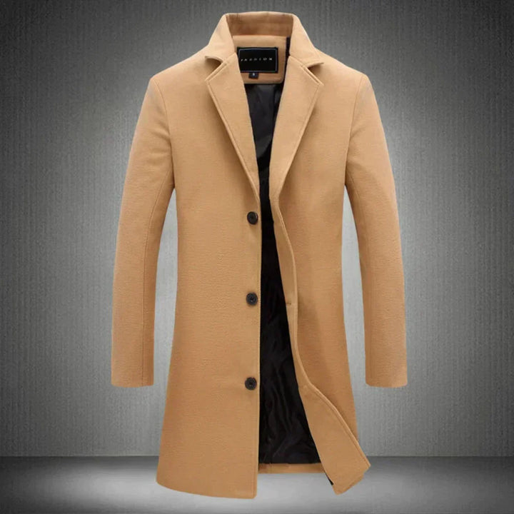 Stylish men's winter overcoat, a classic wool jacket for refined cold weather fashion and formal occasions.