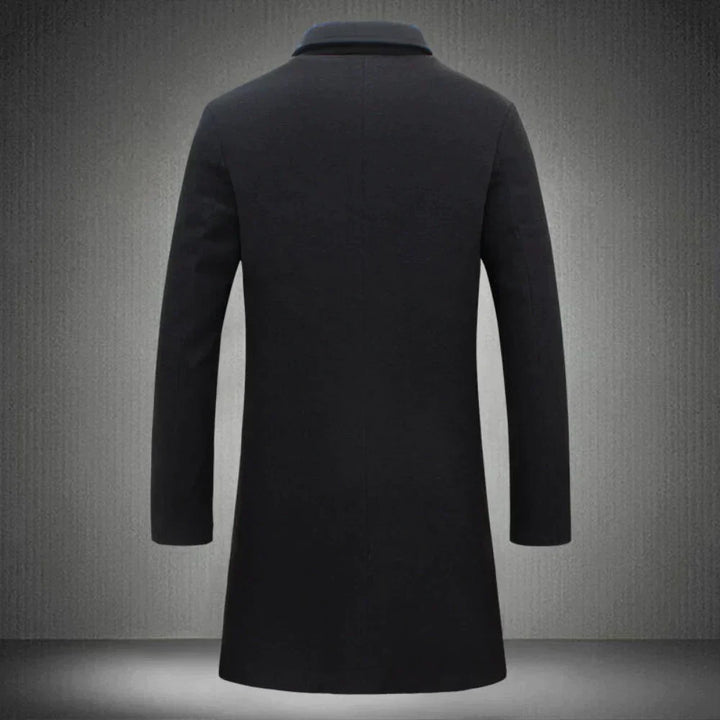 Warm men's wool winter overcoat, ideal for cold weather, offering a timeless and smart casual look.