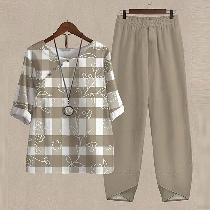 Casual women's round neck, half-sleeve shirt & pant set. Ideal spring/summer two-piece for everyday wear.