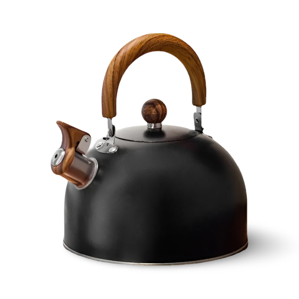 Sleek stainless steel whistling tea kettle for stovetop use; ideal for kitchen decor & making hot beverages.