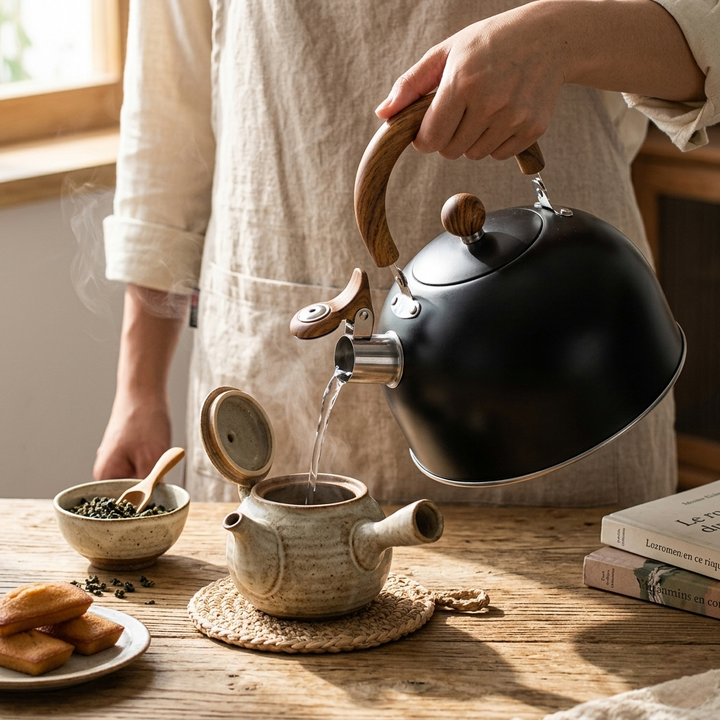 Whistling stainless steel stovetop tea kettle with ergonomic handle, perfect for boiling water for tea & coffee.