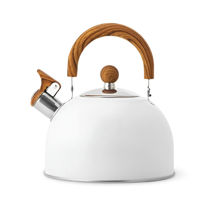 Modern whistling stovetop tea kettle in stainless steel, quickly boils water for coffee, tea, and other hot drinks.