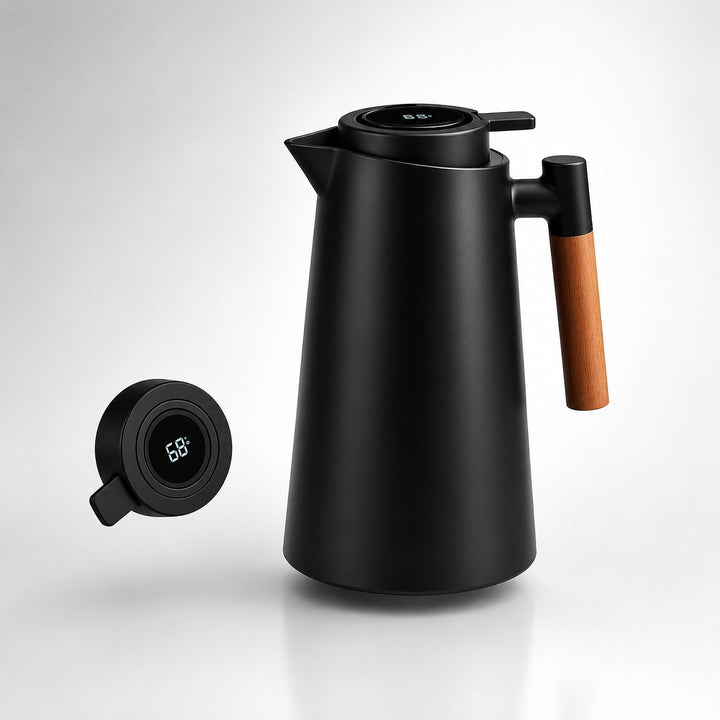 Unisex 1L insulated carafe with smart LED temperature display, perfect for coffee, tea & hot beverages.