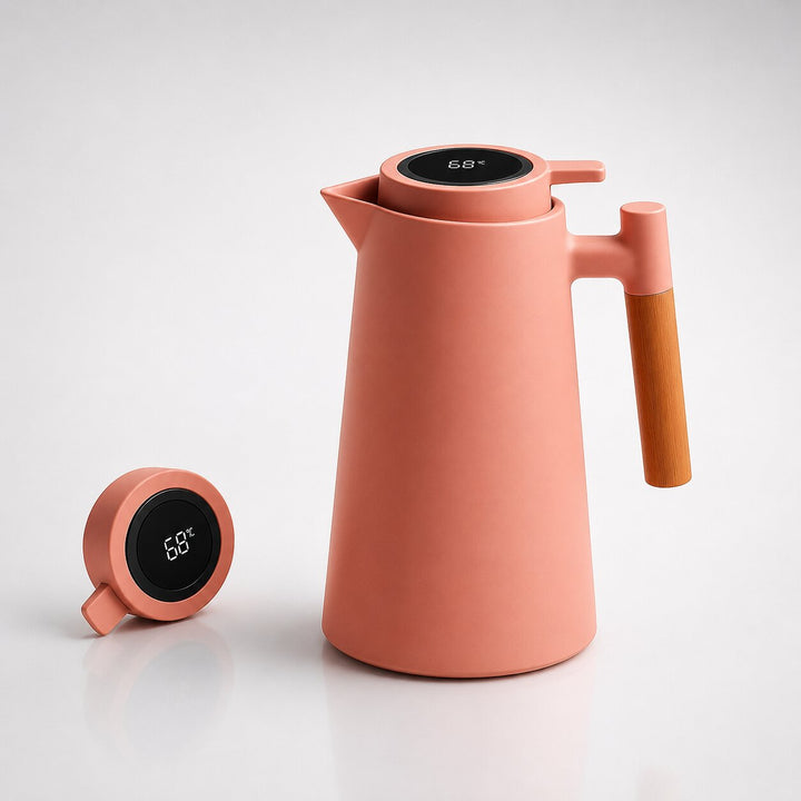 Practical 1-liter insulated carafe with smart temperature display, perfect for serving hot beverages at home.