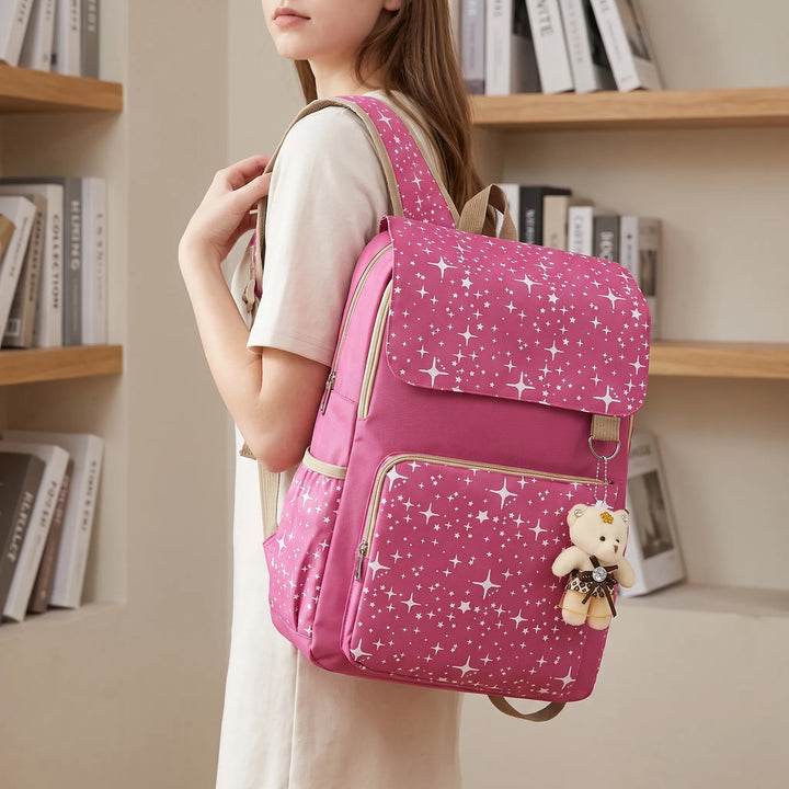 Students' 3-piece star pattern school backpack set. Includes main bag, shoulder bag, and pouch. Perfect for youth.