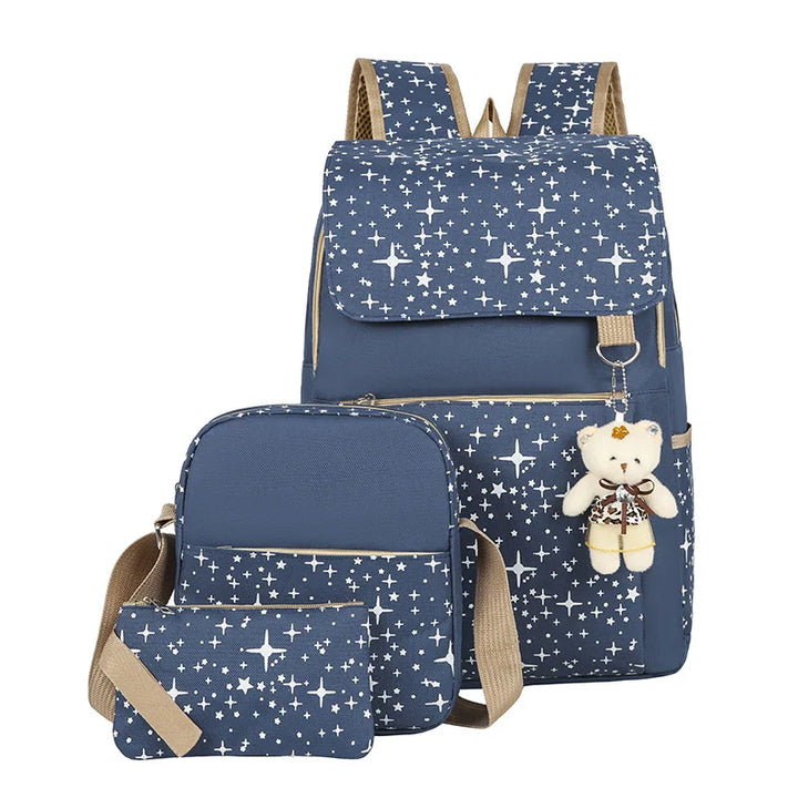 Durable canvas ergonomic 3-piece star pattern student backpack set, ready for back to school success.