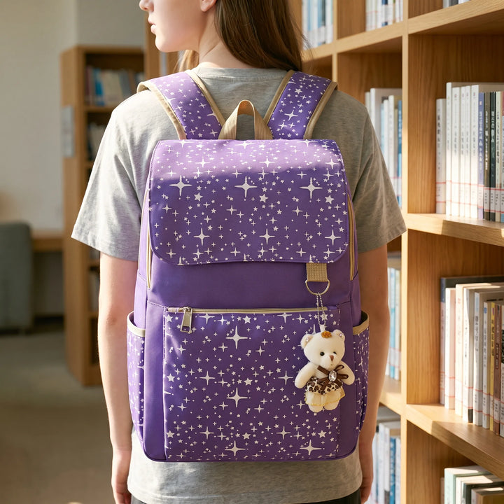 Complete 3-piece student backpack set with a trendy star pattern, ideal for back to school and youth.