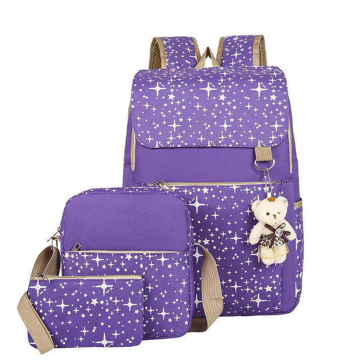 Stylish back to school star pattern 3-piece backpack set, durable and ergonomic for students and youth.