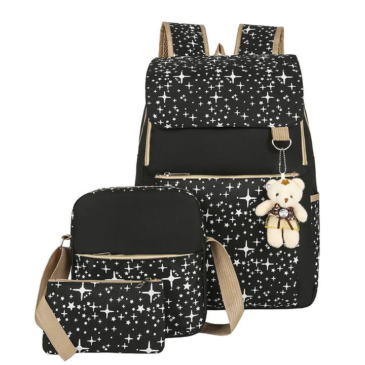 Spacious 3-piece star pattern school backpack set for students, with separate shoulder bag & utility pouch.