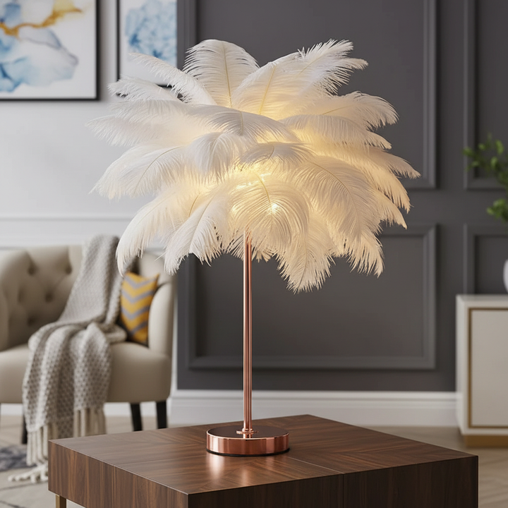 Elegant feather shade table lamp, perfect for cozy bedroom ambiance & modern home decor.