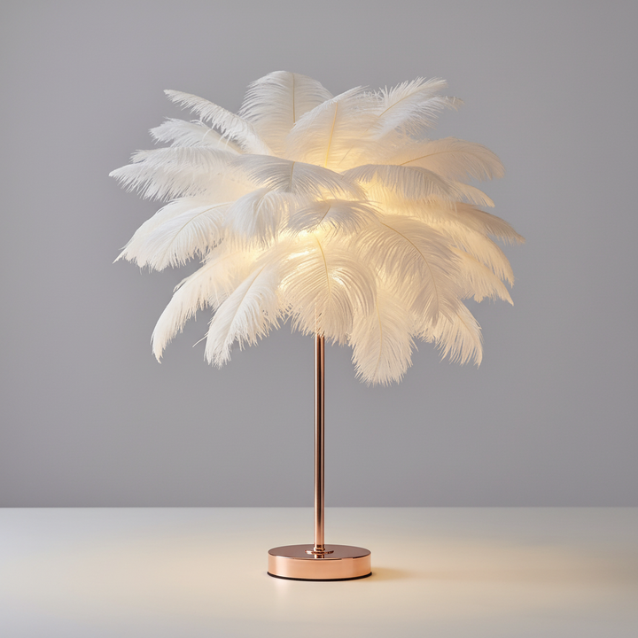 Decorative feather lamp with white shade, creating soft ambient lighting for living room or bedroom.