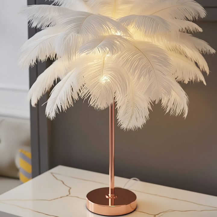 Modern feather table lamp with USB/battery power. Ideal mood lighting for any room.