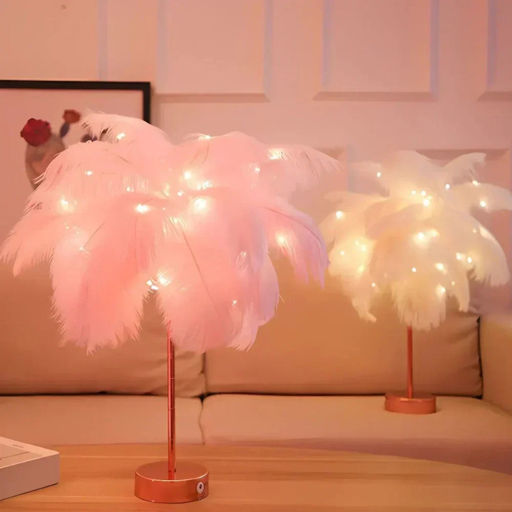 White feather lamp with remote control. Stylish, elegant table lamp for ambient home lighting.