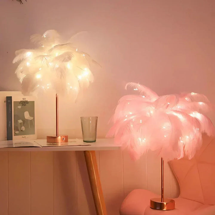 Soft glow feather table lamp, enhancing bedroom comfort & living room decor. Elegant design.