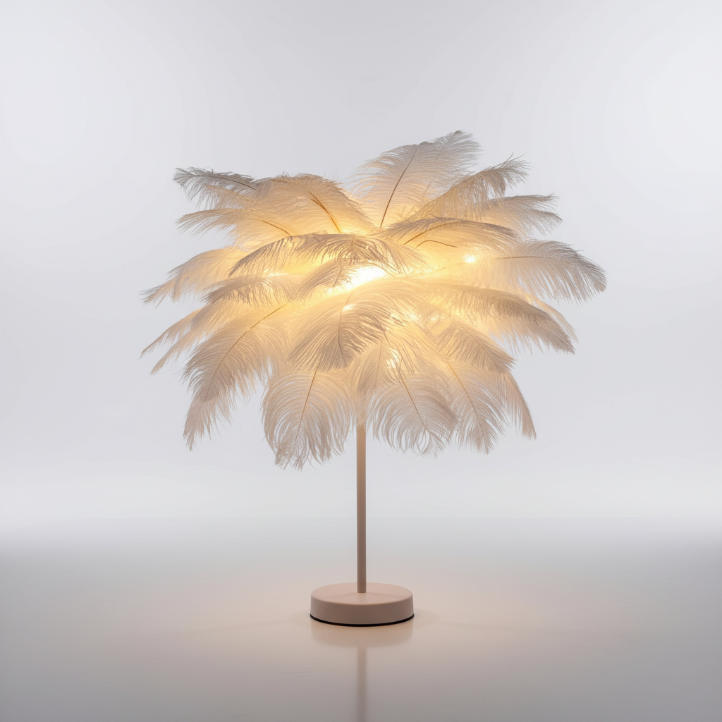Fluffy white feather table lamp. Decorative piece, offering soft ambient lighting & cozy mood.