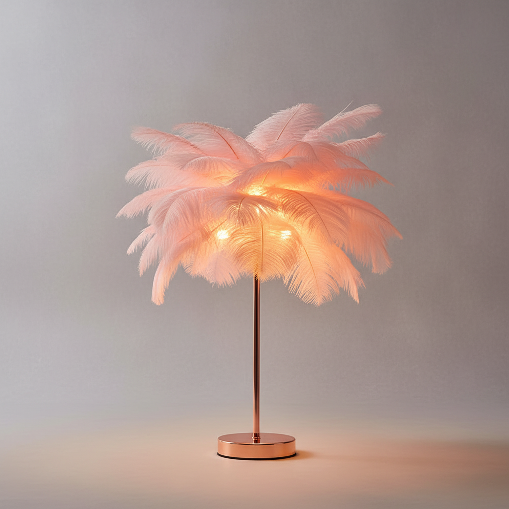 Elegant feather table lamp with a natural white shade. Perfect modern decor for any home.