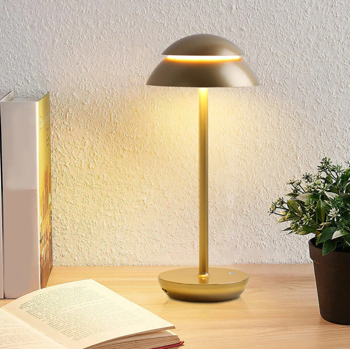 Stylish mushroom LED table lamp, cordless & dimmable, a contemporary accent piece for any modern home decor.