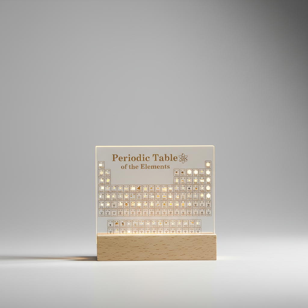 Detailed view of LED periodic table with real element samples, ideal for science lovers.
