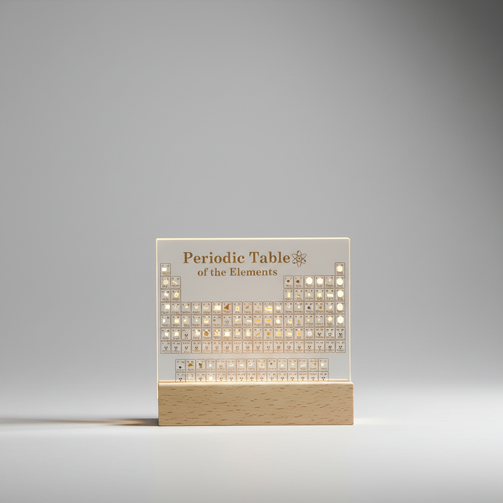 Detailed view of LED periodic table with real element samples, ideal for science lovers.