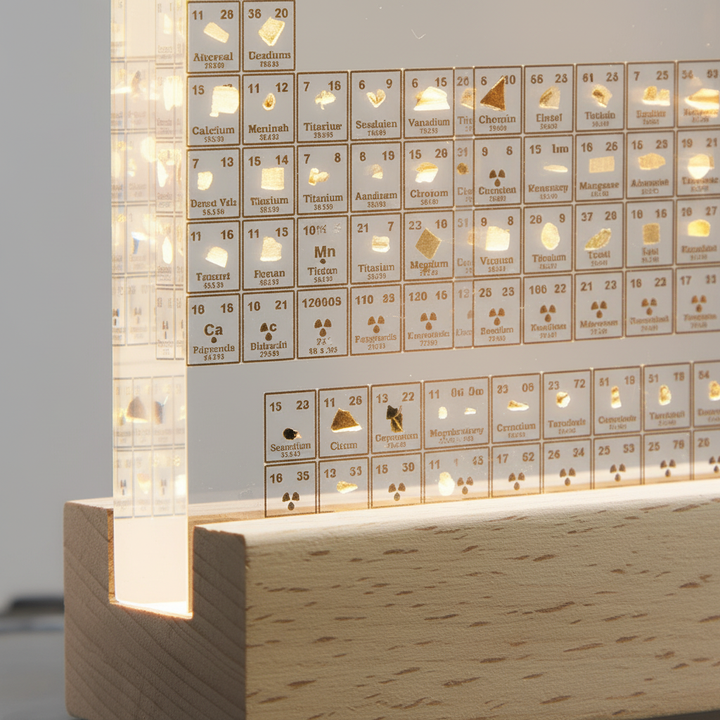 Modern home decor: Illuminated periodic table display with elements, perfect for office or study.