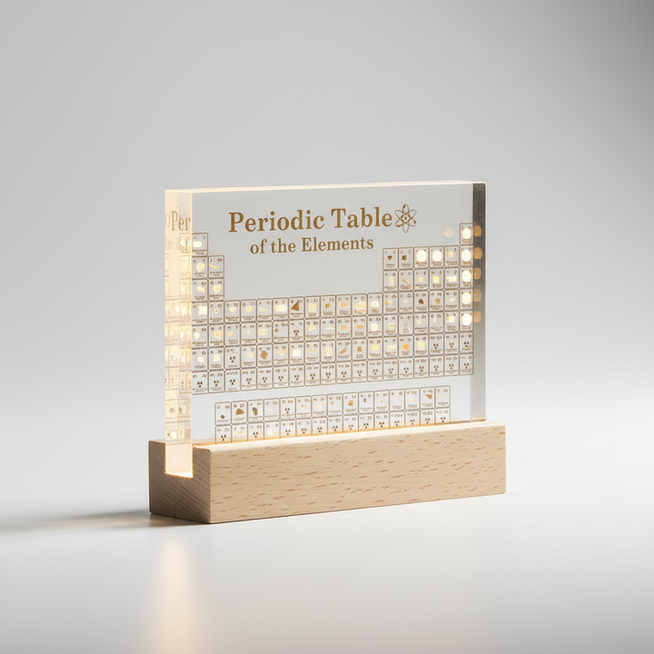 Stylish illuminated periodic table display with real element samples, enhancing any science-themed room.