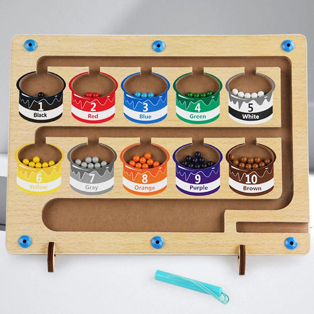 Close-up of colorful magnetic maze board puzzle, an engaging educational toy for toddler cognitive development.