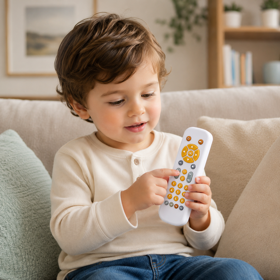 Kids electronic remote control toy for toddlers, featuring lights, sounds, and pretend play; ideal for preschool learning.