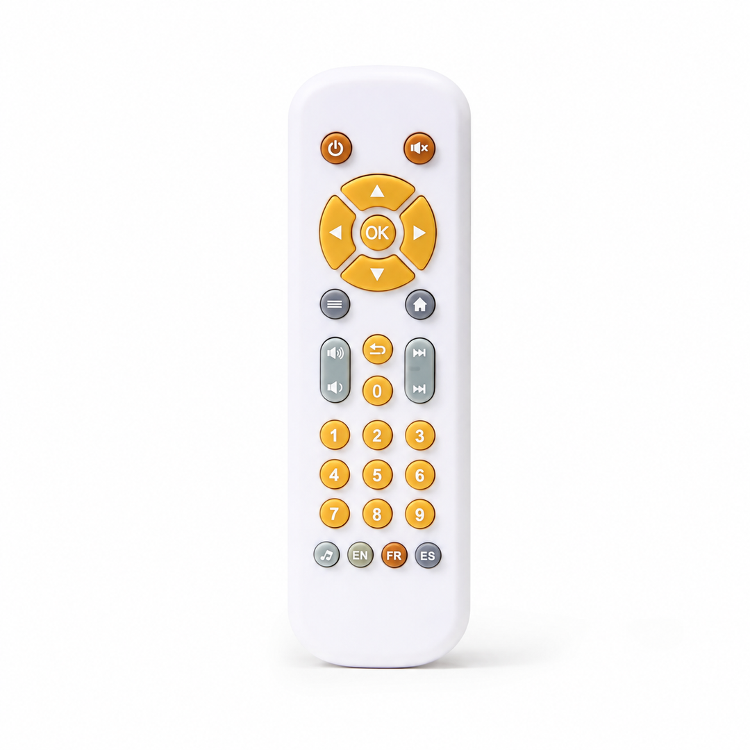 Interactive learning remote control toy for toddlers, stimulating cognitive skills with lights, sounds, and educational games.