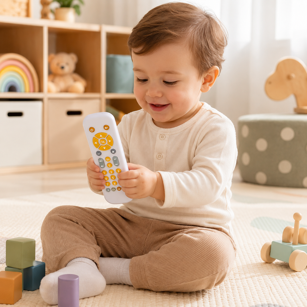 Engaging baby remote control toy & early education gift for toddlers, with interactive buttons, lights, and learning features.