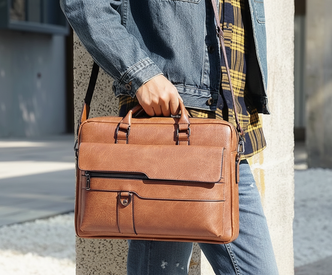 Professional unisex laptop briefcase in black, with shoulder strap & multiple compartments for business travel & work.