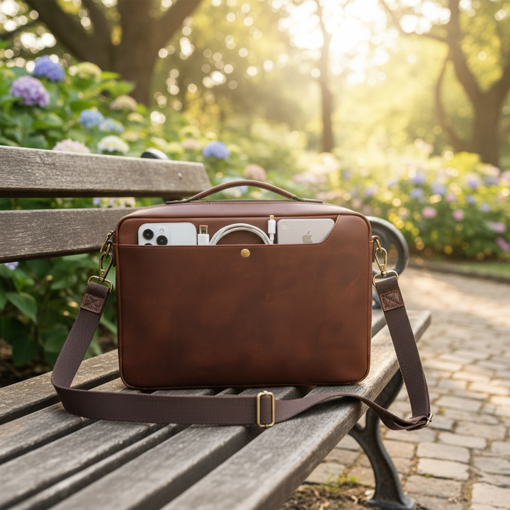 Elegant unisex leather laptop briefcase for 13-14 inch devices. Perfect professional business & travel bag.