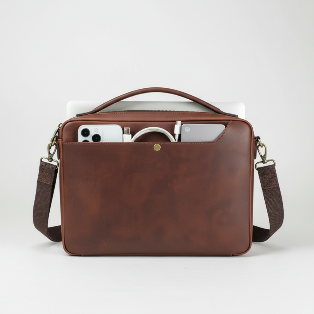 Professional unisex leather messenger bag. Stylish briefcase for 13-14 inch laptop, ideal for office & business.