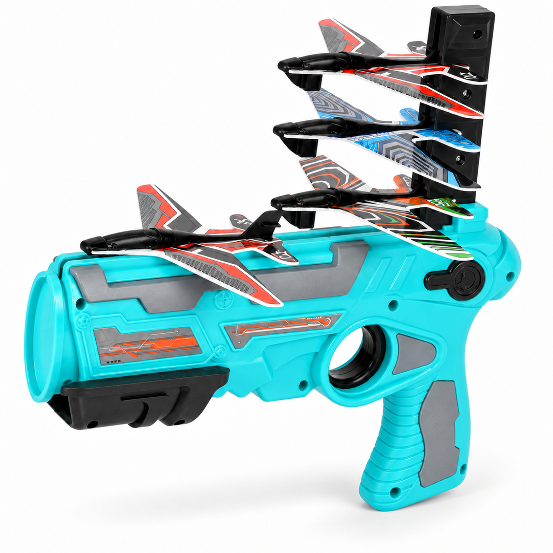 Child happily launching a blue foam airplane with a hand-powered shooter, perfect for outdoor fun & active play.