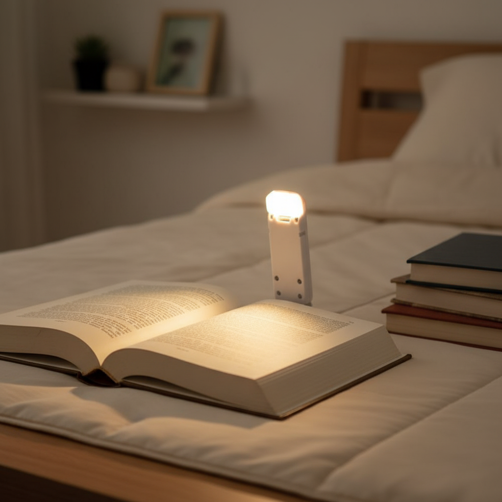 Flexible portable LED reading lamp with dimmable eye-protection light, perfect for books & travel. USB rechargeable.