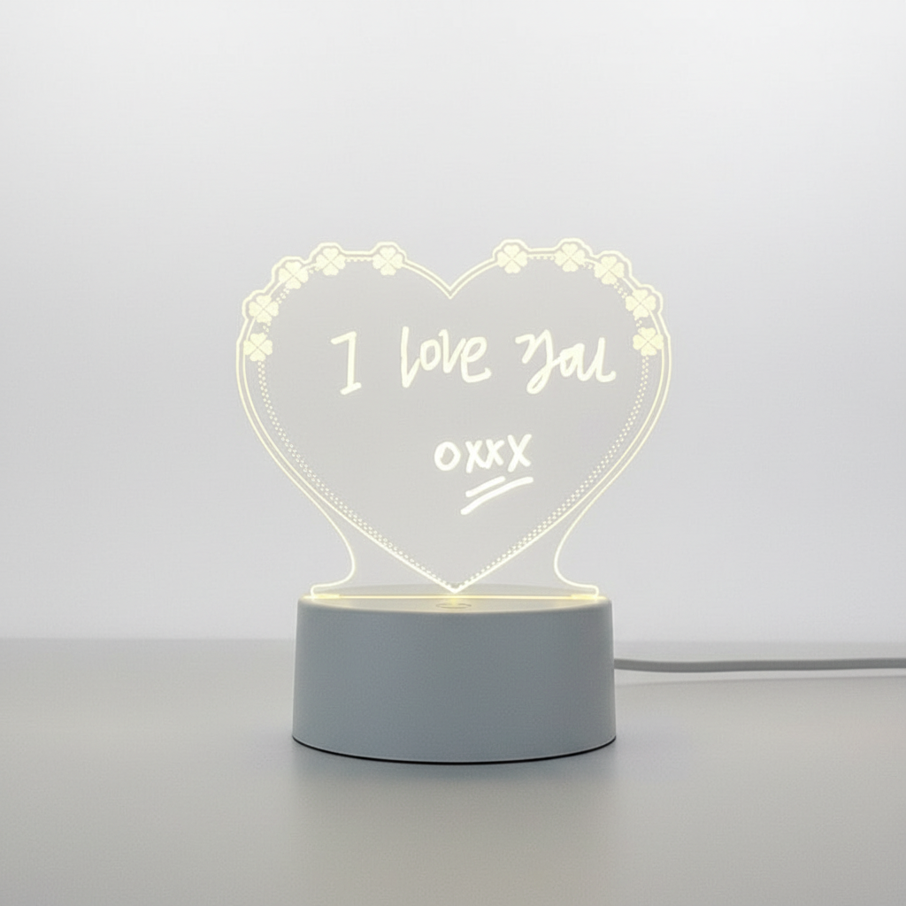 Decorative LED light note board, transparent acrylic, for creative messages and home office display.