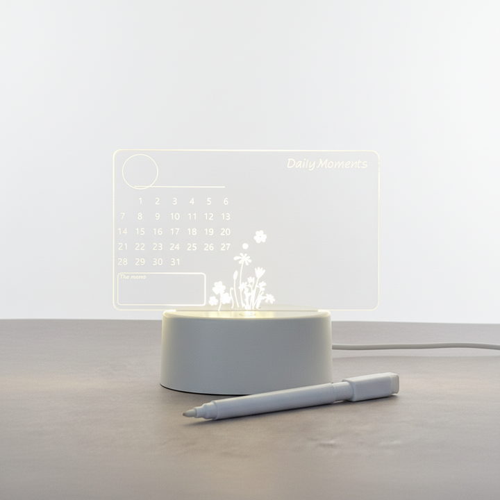 GlowMemo transparent LED note board, an acrylic memo display for glowing messages and reminders.