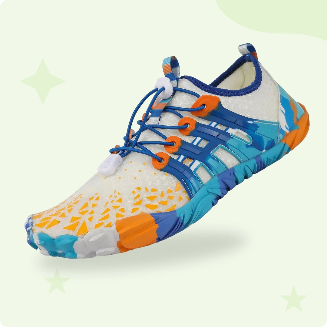 Close-up of flexible sole on barefoot shoes, highlighting non-slip grip for natural movement.