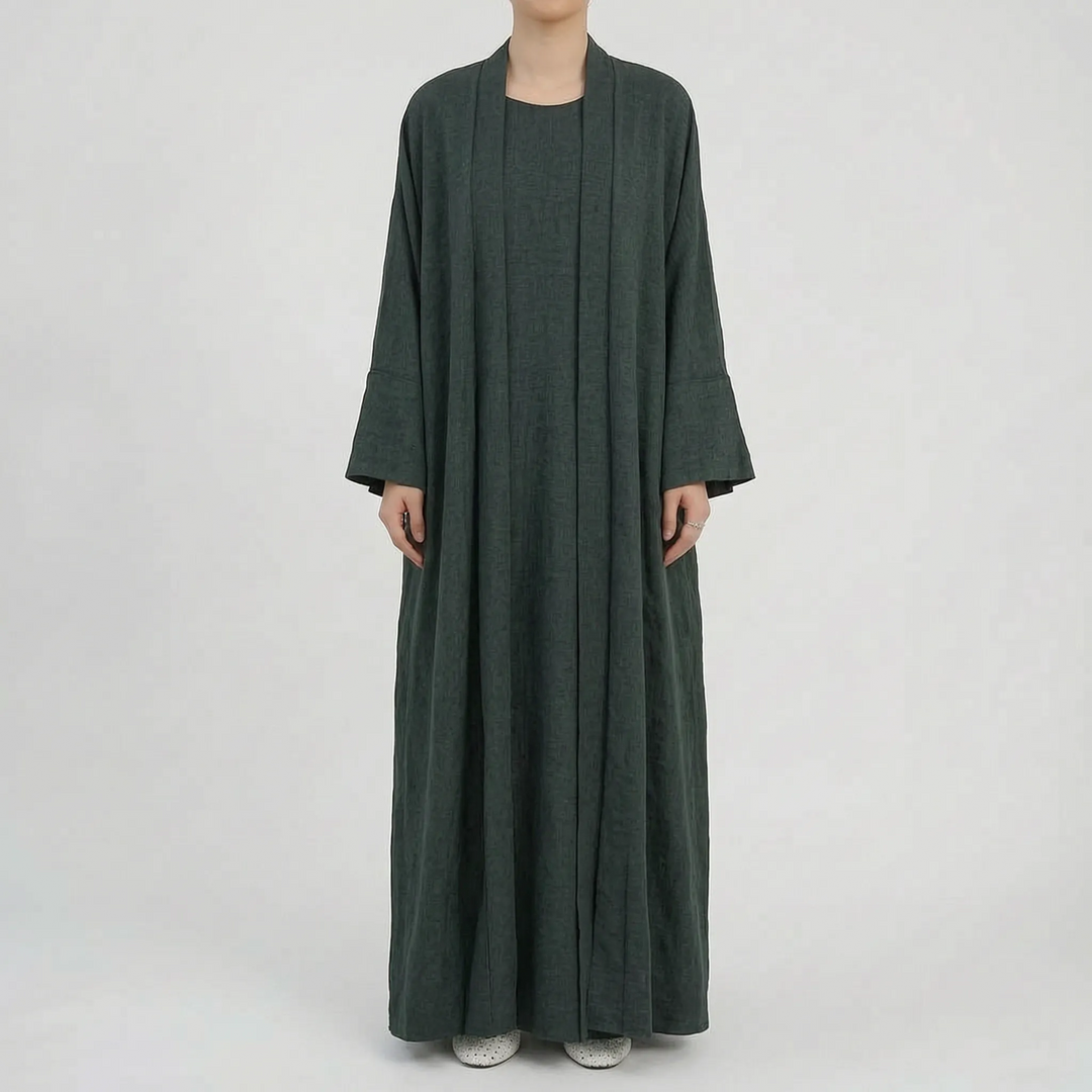 Chic women's two-piece abaya set, ideal for casual comfort and modern modest Islamic fashion.