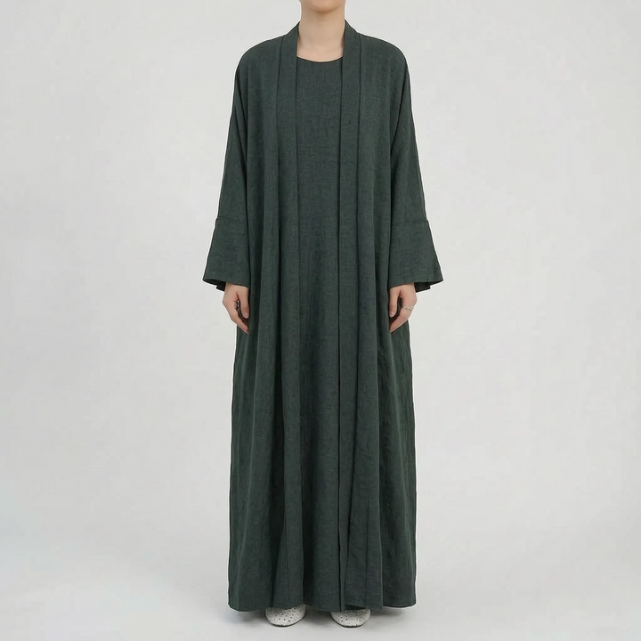 Chic women's two-piece abaya set, ideal for casual comfort and modern modest Islamic fashion.