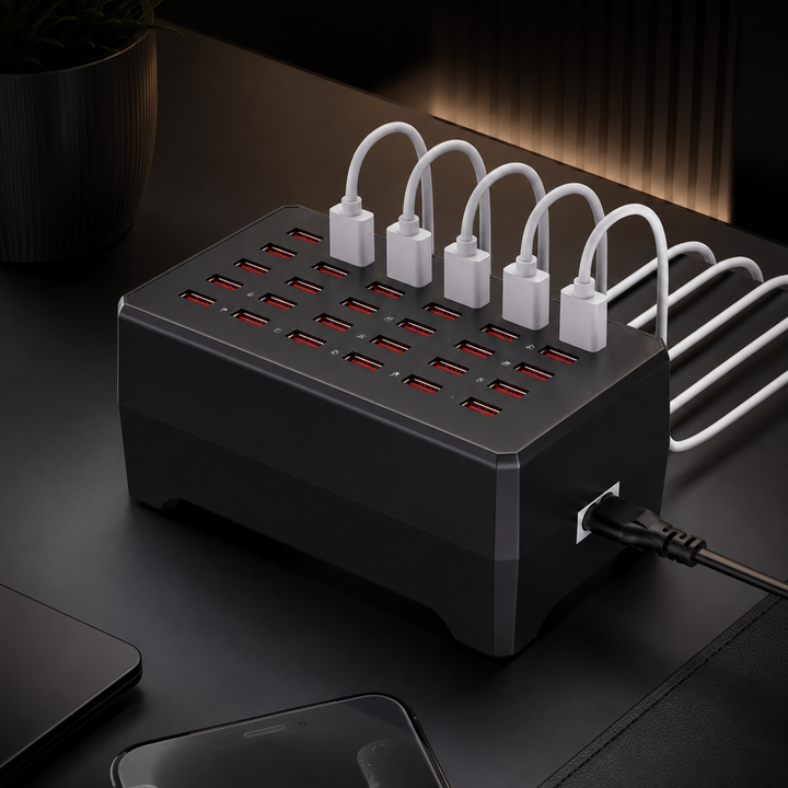30-Port USB charging station hub for multiple devices, perfect for office or home tech organization.