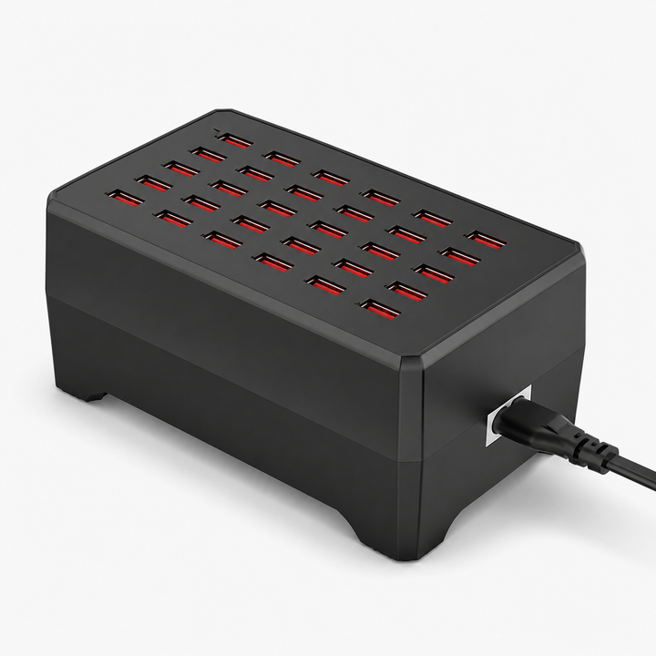 High-capacity 30-port USB hub and charging station for decluttering multiple electronics in any space.