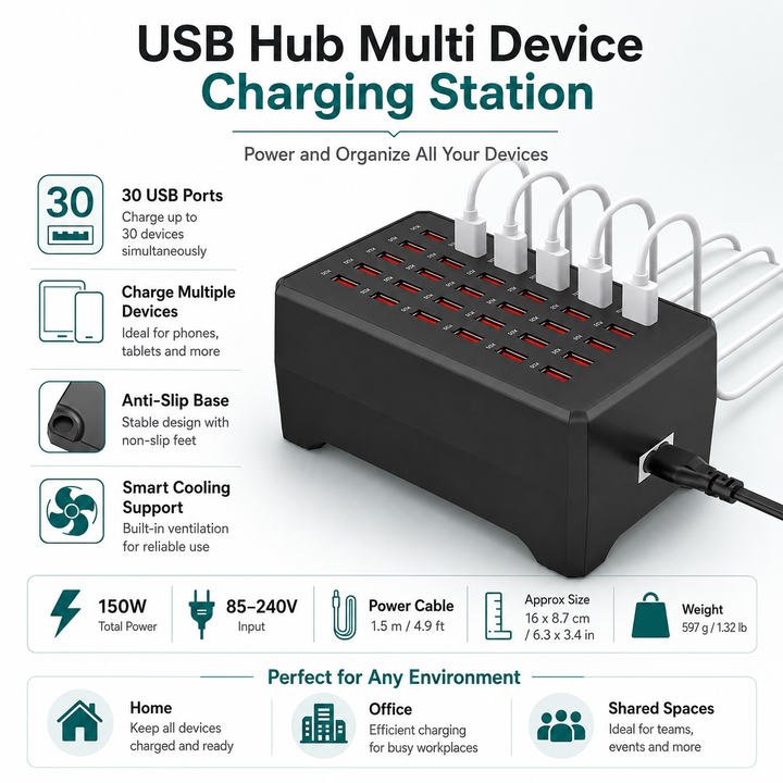 Powerful 30-port USB charging station hub, an essential electronics accessory for charging many devices.
