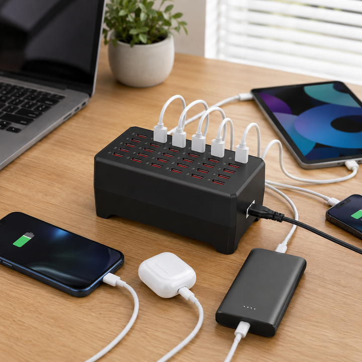 Multi-device 30-port USB charging hub for home or office, a central power adapter for all your tech.