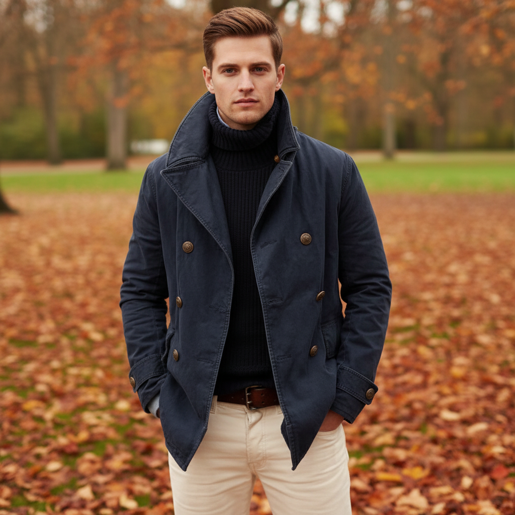 Men's classic double-breasted pea coat in navy, tailored fit for winter outerwear & business casual.