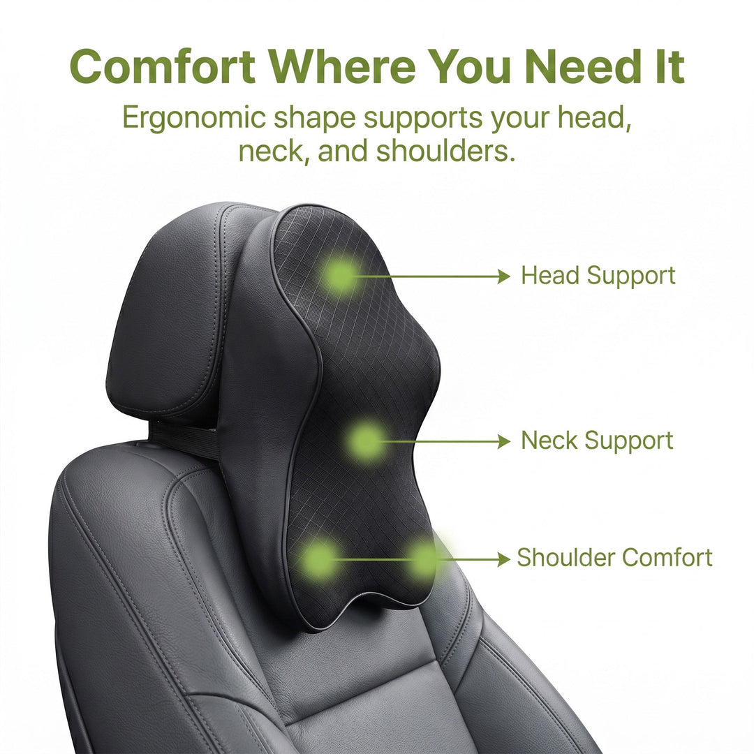 Soft memory foam unisex car seat neck support pillow. Improves driving posture & provides neck comfort.
