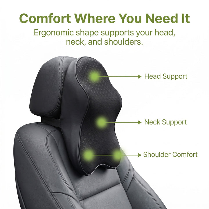 Soft memory foam unisex car seat neck support pillow. Improves driving posture & provides neck comfort.
