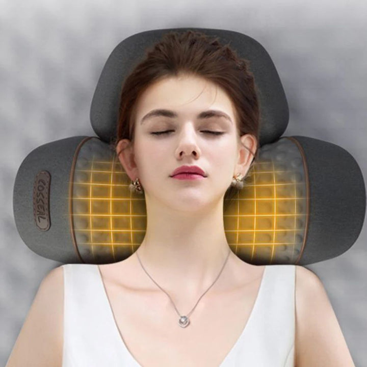 Cervical support heating neck massager pillow. Electric for stress relief & deep muscle relaxation at home.