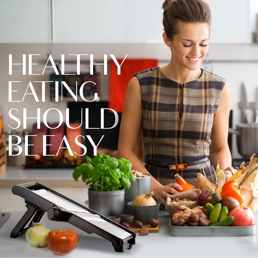 Get perfect slices every time with this advanced food slicer, complete with safety gloves for peace of mind.