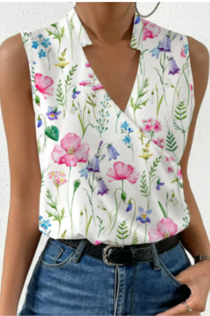Lightweight V-neck sleeveless wrap blouse for women, a comfortable & elegant top for summer fashion.